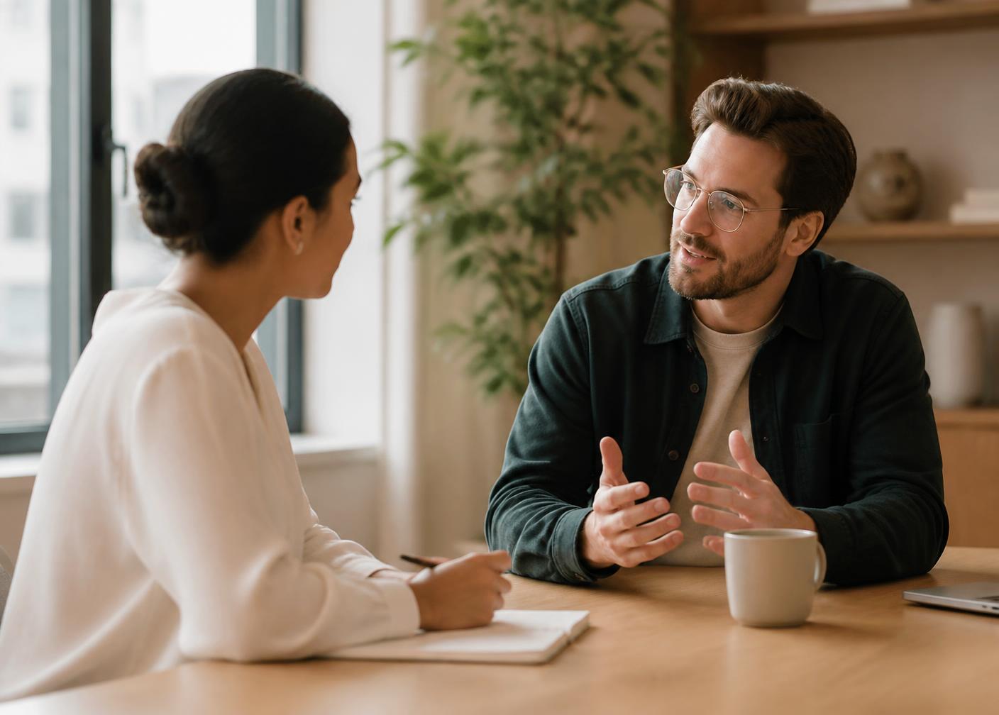 Two colleagues in a one-to-one conversation